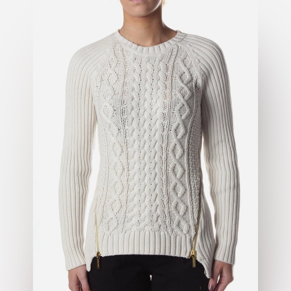 Michael Kors Women's Cable Knit Side Zipper Front Crewneck Sweater White Small